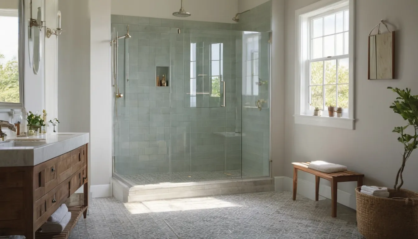A homeowner in the Chesapeake Beach area looking at a new low-entry walk-in shower with grab bar and bench in a bright bathroom