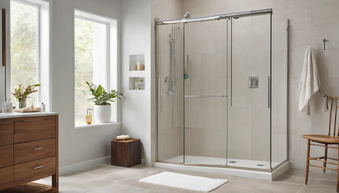 A bright, step-in walk-in shower with a bench and grab bar in a Chesapeake Beach area home