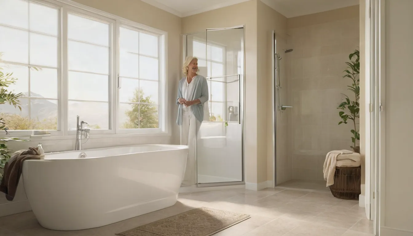 Smiling older homeowner standing beside a walk-in tub in a bright bathroom in the Chesapeake Beach area